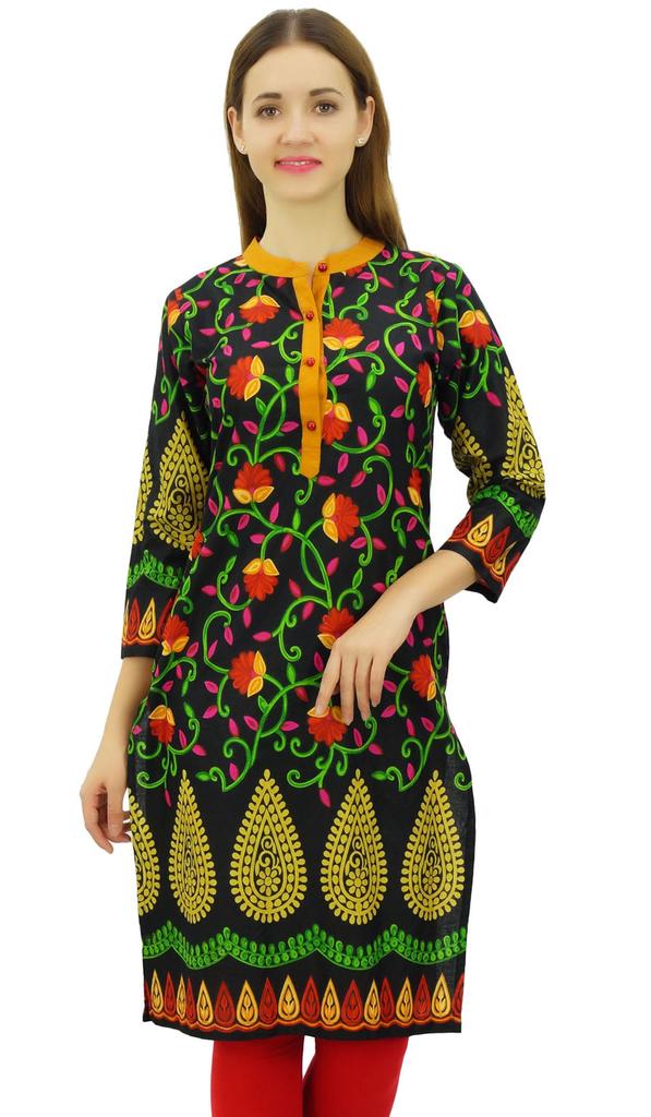 Phagun Women's Printed Blouse Tunic 3 4 Sleeve Black Kurta Ethnic Clothing -