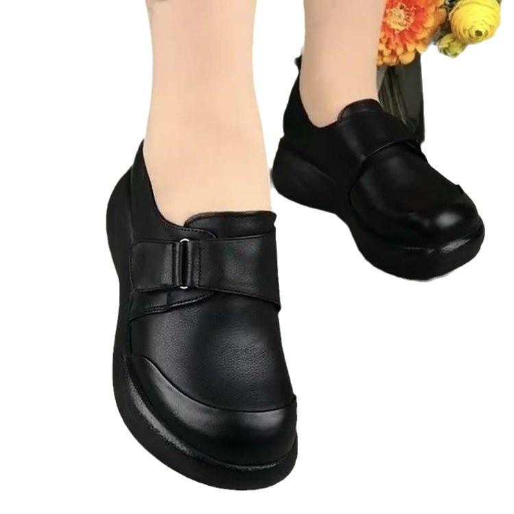 2025 Spring Women's Leather Wedge Heel Shoes - Comfortable Round Toe & Versatile Platform Sole
