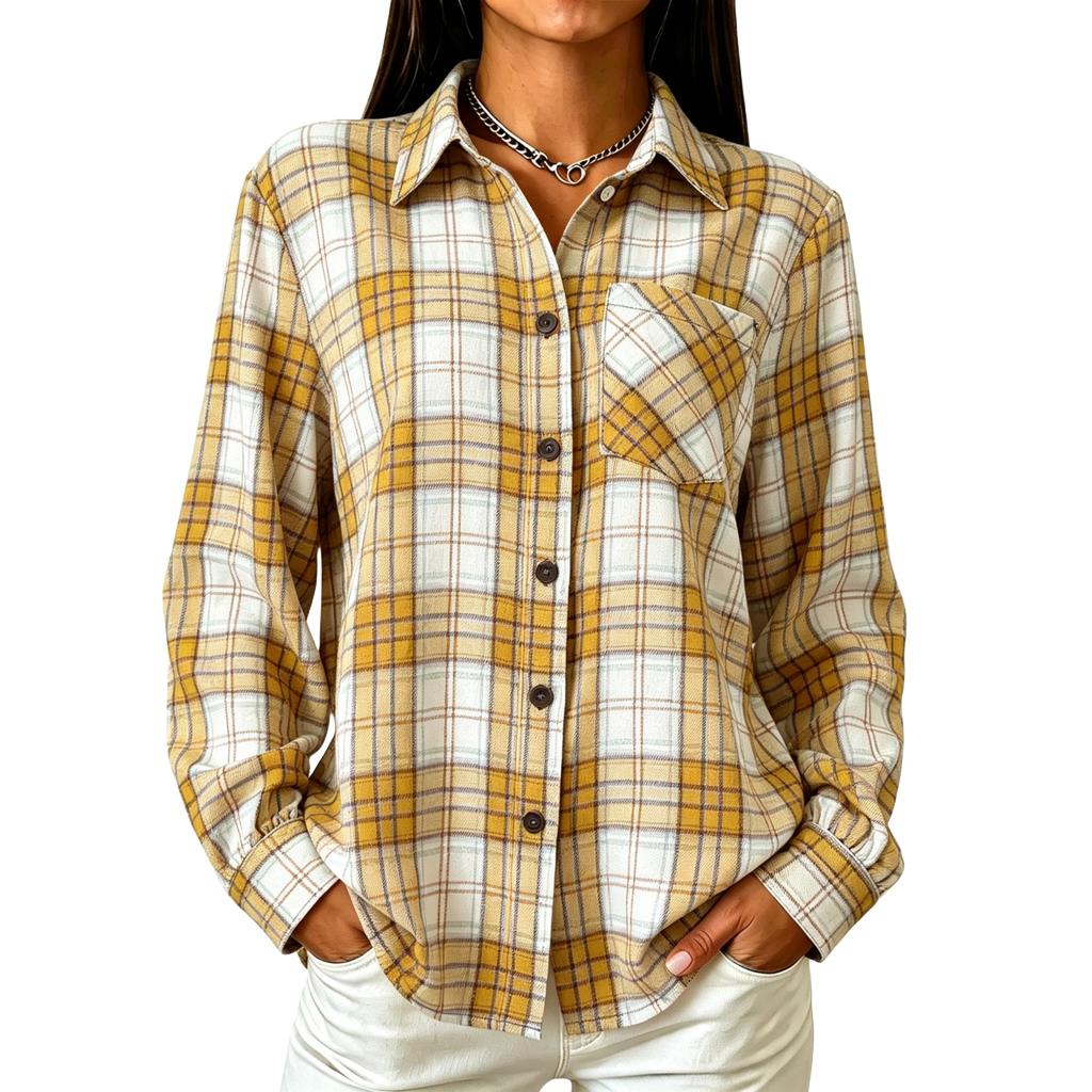 Camisa de cuadros casual de manga larga holgada para mujer, top de otoño/invierno con bolsillos