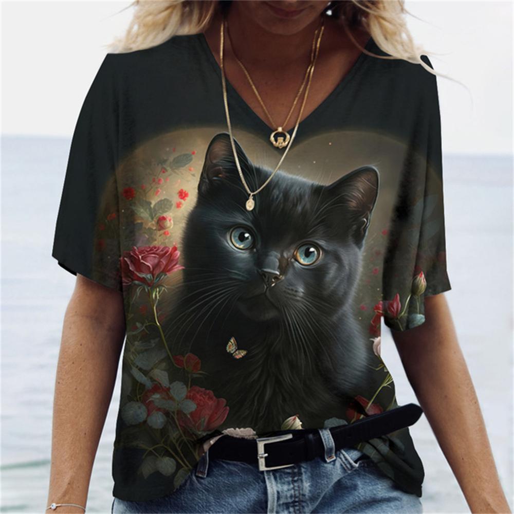 Summer Funny Cute Cat 3D Printed Women's T-Shirts Casual V-neck Short Sleeve Tops Fashion Loose Ladies Clothing SStreet Girl Tees