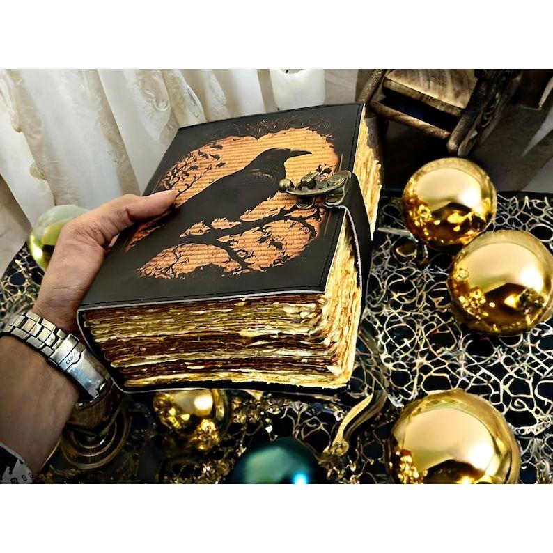 Grimoire Vintage Leather Journal – Raven Grimoire Print, Gothic Spell Book of Shadows, Celestial Witchcraft Journal Gifts