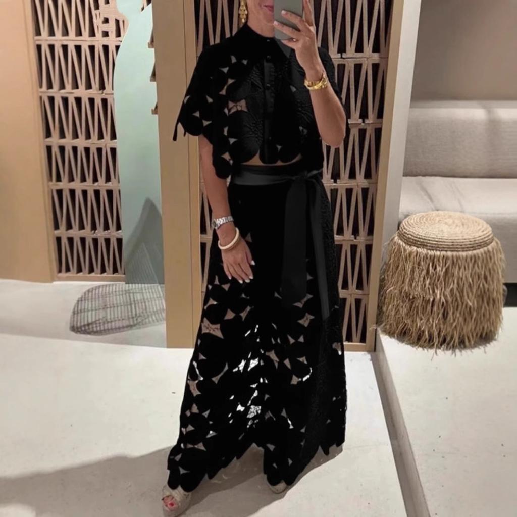 Women's Hollow Out Floral Lace Cropped Shirt Wide Leg Pants Set Elegant Collared Two Piece Outfit