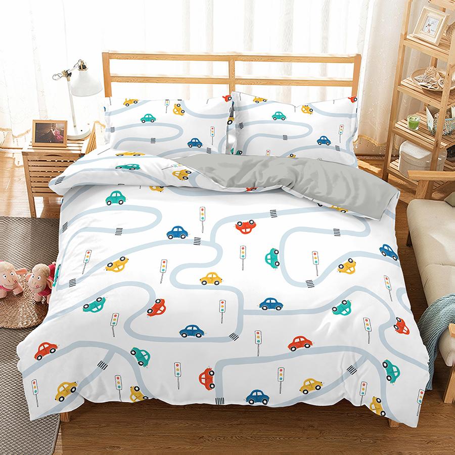 Set Copripiumino Guida di Viaggio Motivo Cartone Animato Percorso Auto Casa Edificio Set Biancheria da Letto Microfibra Tema Viaggio Misura King Copripiumino
