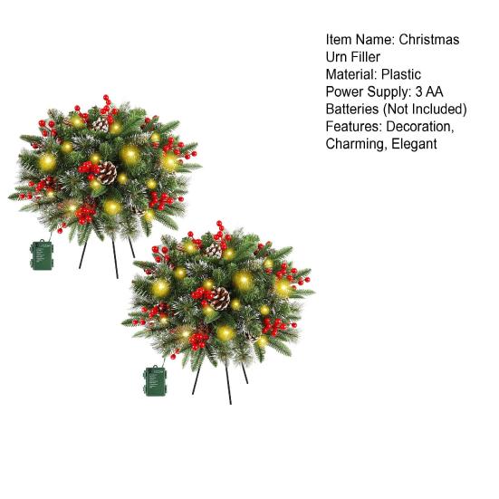 Pre-lit Christmas Tree Urn Filler 20 Inch Artificial Pine Tree with Pinecone Red Berries Battery Powered Light Up Planter Filler with Tripod Stake