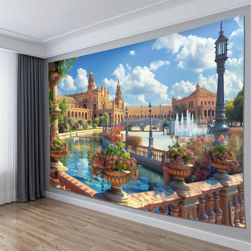 2D Seville Plaza Canal & Flowers Wall Tapestry European Palace Background Cloth for Aesthetic Home Decoratio