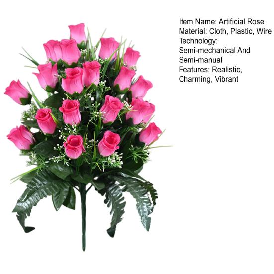 Штучний цвинтарний квітка 24 голівки Штучний шовковий кущ троянд Меморіальний букет з квітів троянди для надгробків Могили Вази