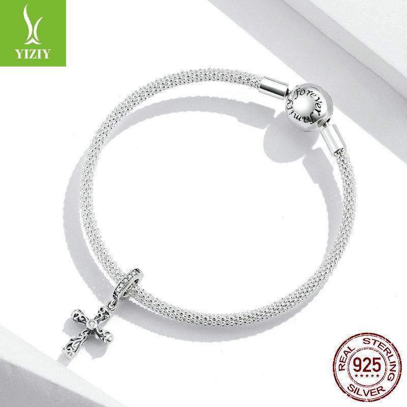 S925 Silver Vine Cross Pendant - European & American Style, Retro Pattern DIY Jewelry Accessory (BSC313)