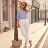 Womens V Neck Striped Blouse with 3/4 Sleeves Button Down Front Relaxed Fit Shirt for Casual or Office Wear