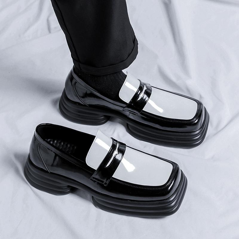 Herren Loafer mit eckiger Spitze, dicksohlige PU-Schuhe, schwarz-weißes Patchwork, Maskendekoration, Business-Freizeit-Herrenschuhe, vielseitige Herren-Arbeitsschuhe