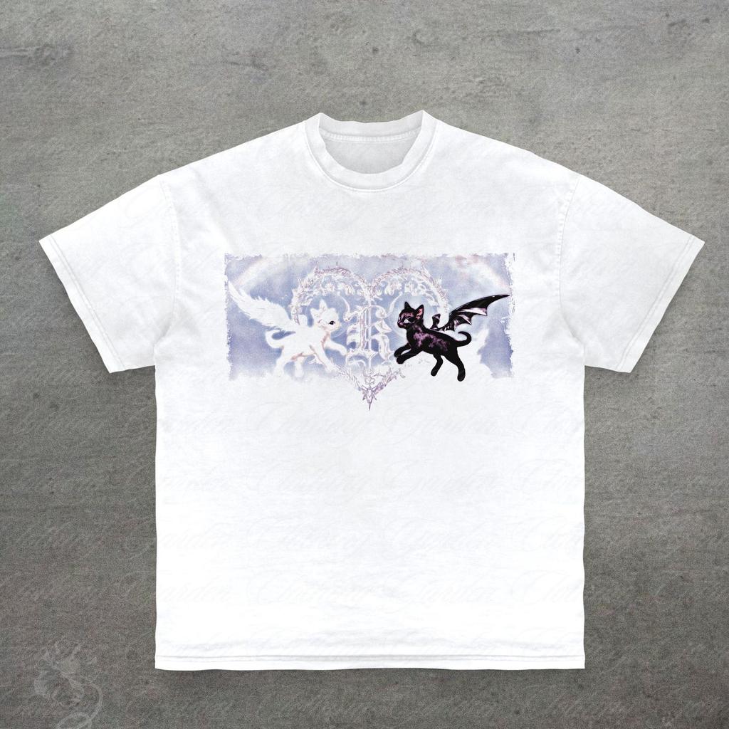 Angel Devil Cat Graphic Tee, Gifts For Cat Lovers, Creepy Cute T-Shirt for Men Women, Y2K Good Evil Cat Top, Coquette Alt Cat Shirt