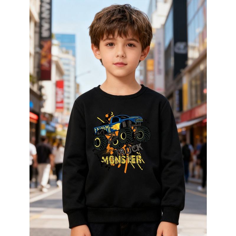 European sizes Kids' Fashion Round-neck Pullover, Long-sleeved Top, Featuring a Letter Truck Print, Suitable for Casual Wear and Outdoor Activities