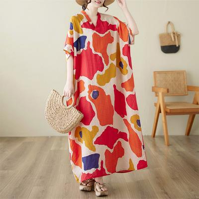DIMANAF 2025 Summer Dress New Vintage V-Neck Short Sleeve Casual Loose Women Plus Size  Dress Maxi