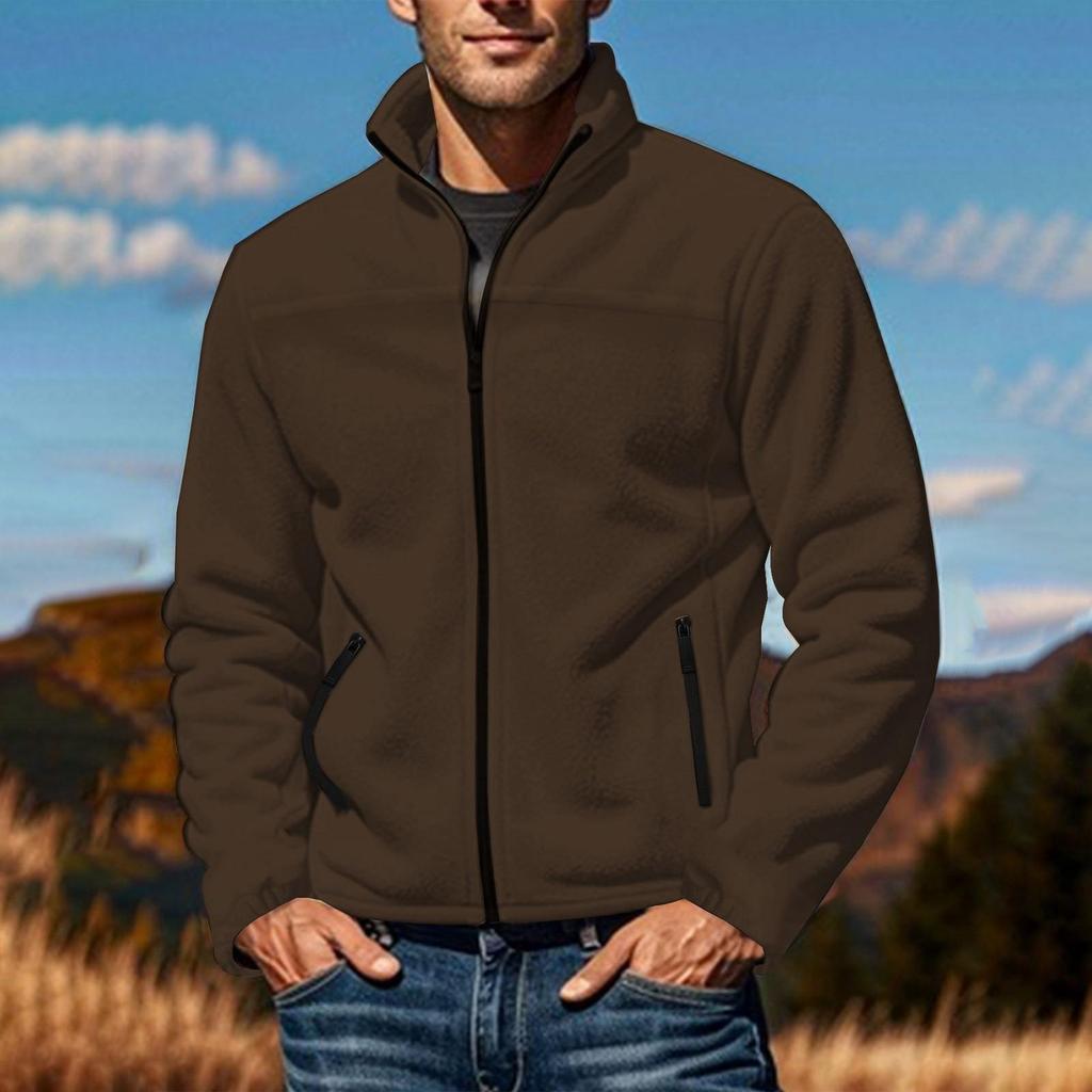 Men's Stand Collar Solid Color Cardigan Jacket Men's Casual Fleece Cardigan Jacket