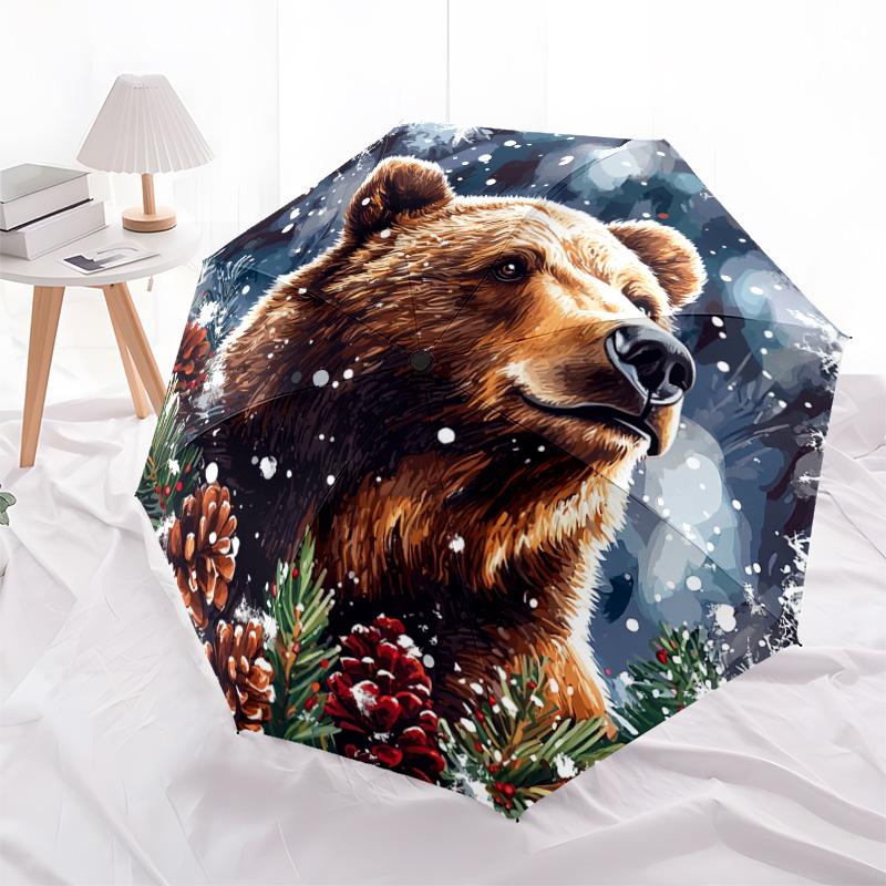 1 PC Automatic Folding Umbrella - Winter Bear Pattern, Portable & Foldable Design with 8 Ribs, Christmas Birthday Gifts