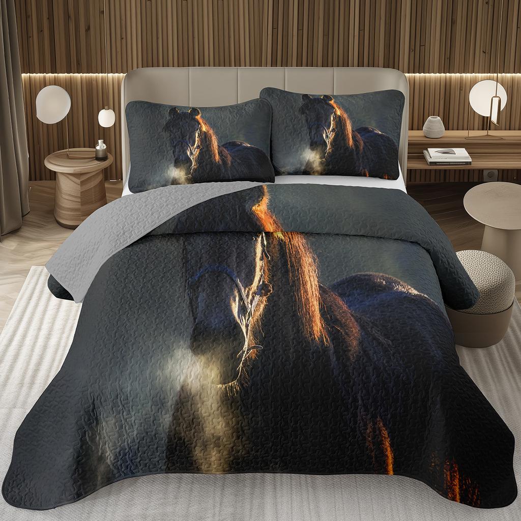 Running Wild Horses Print Quilted Bedspread Coverlet 2/3-Piece Rustic Bedding Set Reversible Lightweight Quilt Set Queen/Full