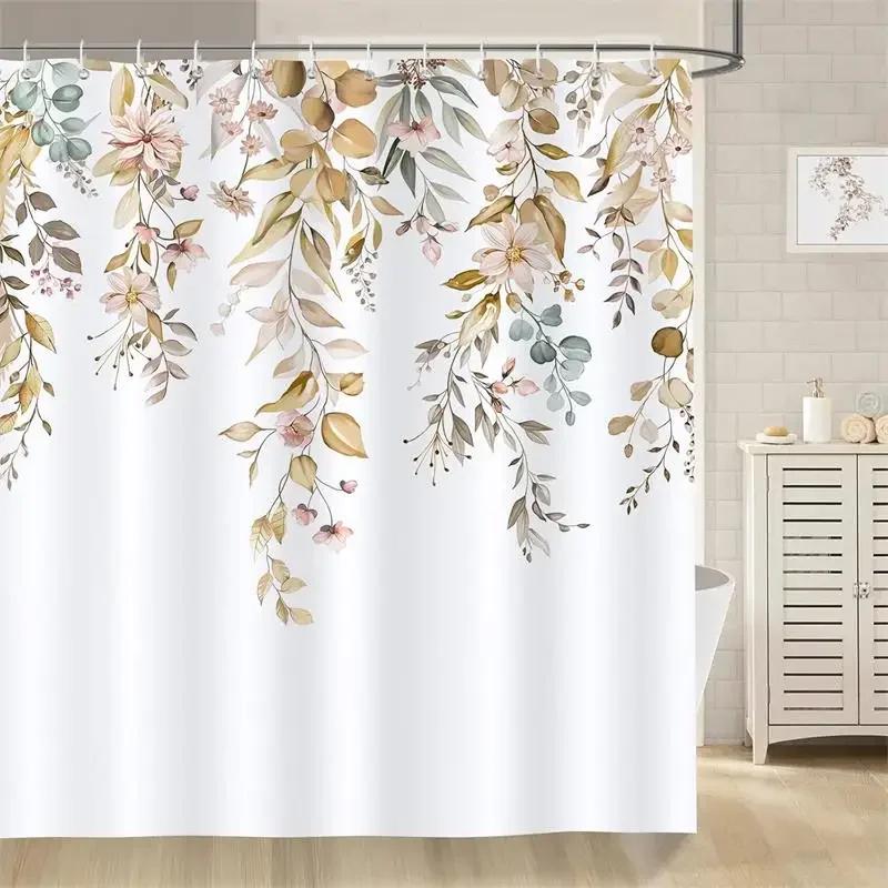 Eucalyptus Leaves Shower Curtain Watercolor Hanging Brown Leaf Pink Floral Fall Bath Curtains Fabric Bathroom Decor with Hooks