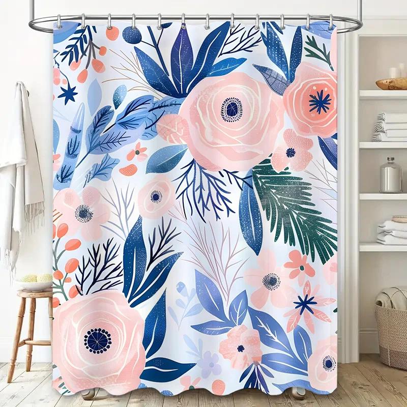 Beautiful floral shower curtain set with blue and pink leaves perfect for bathroom decor