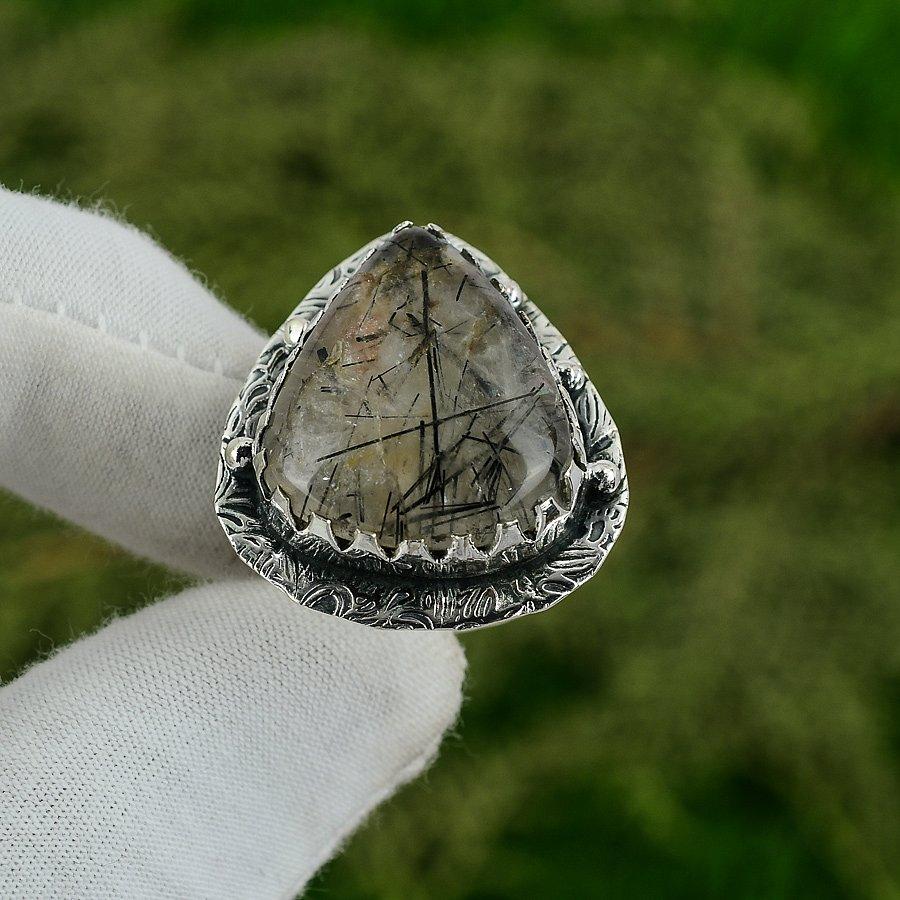 Wedding Gift For Her 925 Silver Natural Black Rutile Statement Ring Size 8