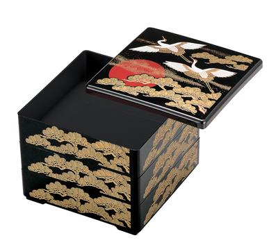 Wakaizumi Jubako mit einem Sonnenaufgangskranich-Design, 3-teilig, Lackware, 6,5-Zoll-Box, Schwarz, (Schwarzes Interieur), Tiers, H-156-7A