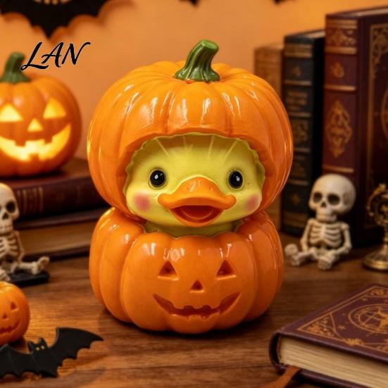 Small Healing Handicrafts Halloween Pumpkin Duck Ornament, Resin Stacked Yellow Mini Cartoon Figurine for Home Figurines, Cute Desktop Decor