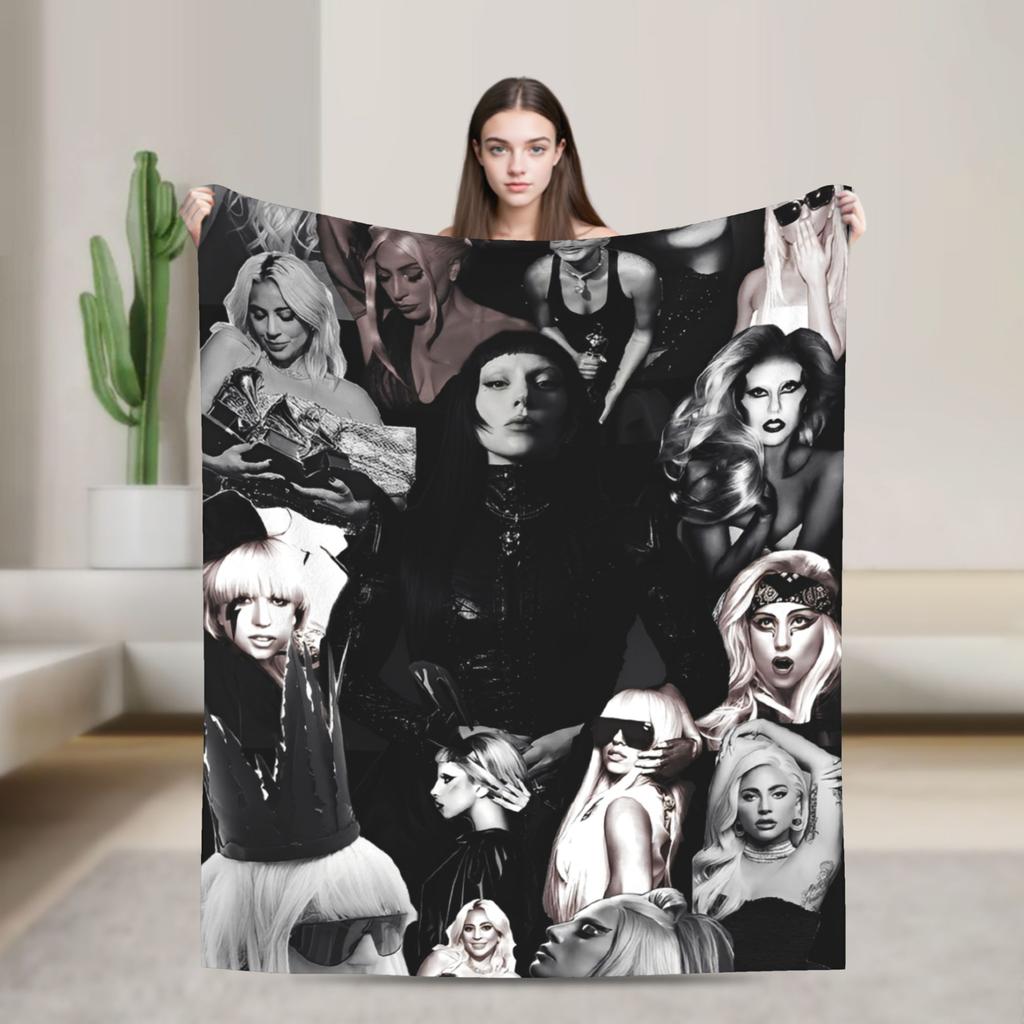 Lady Singer Rock Album Gagas Knitted Fashion Blankets Y2K Tour Flannel Throw Fashion Blanket Rug Piece Ultra-Soft Warm Bedspread Multifuncti