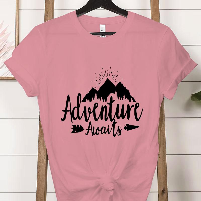 Adventure Awaits Crew Neck Short Sleeve Tshirt Women Mountain Outdoors Hiking Classic Tops Funny Camping Gifts Casual Tshirts