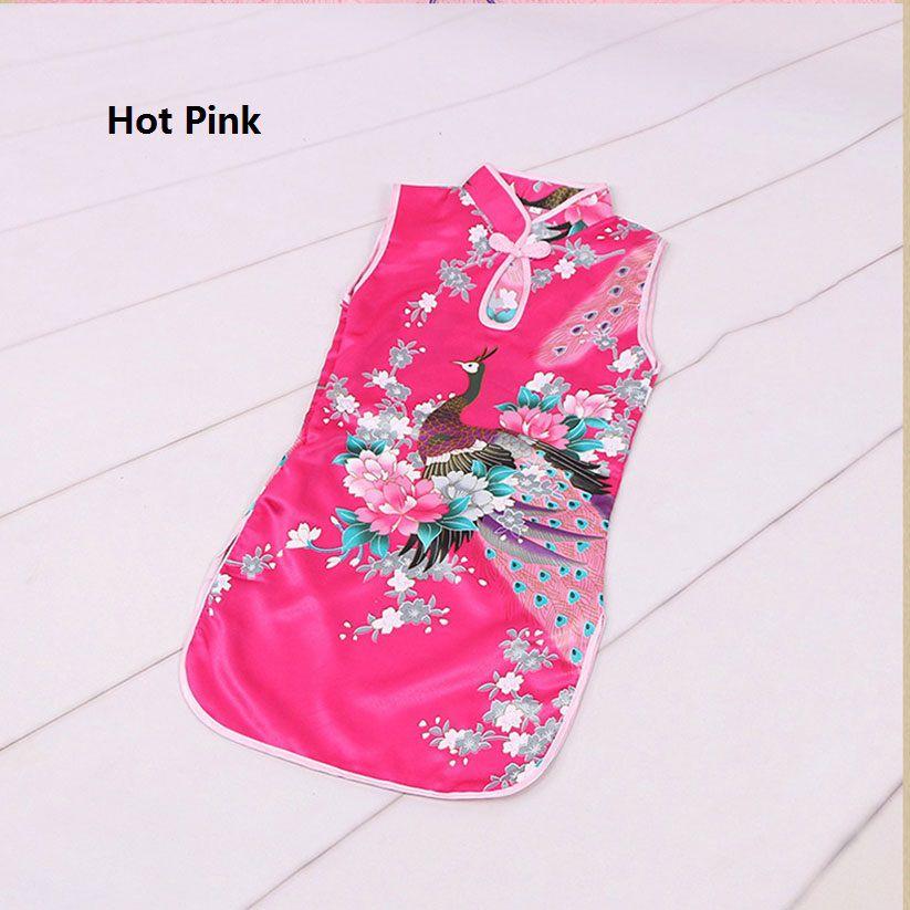 Elegant Children Girls Chinese Cheongsam Dress With Floral Peacock Pattern Sleeveless Summer Wear