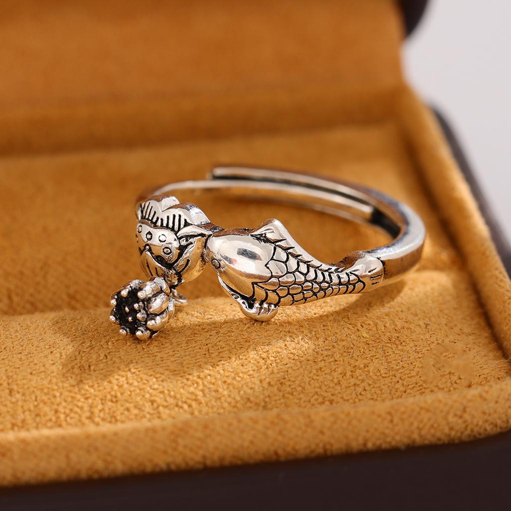 New Personality Creative Carp Lotus 925 Sterling Silver Jewelry Flower Fish Temperament Animal Opening Rings R339
