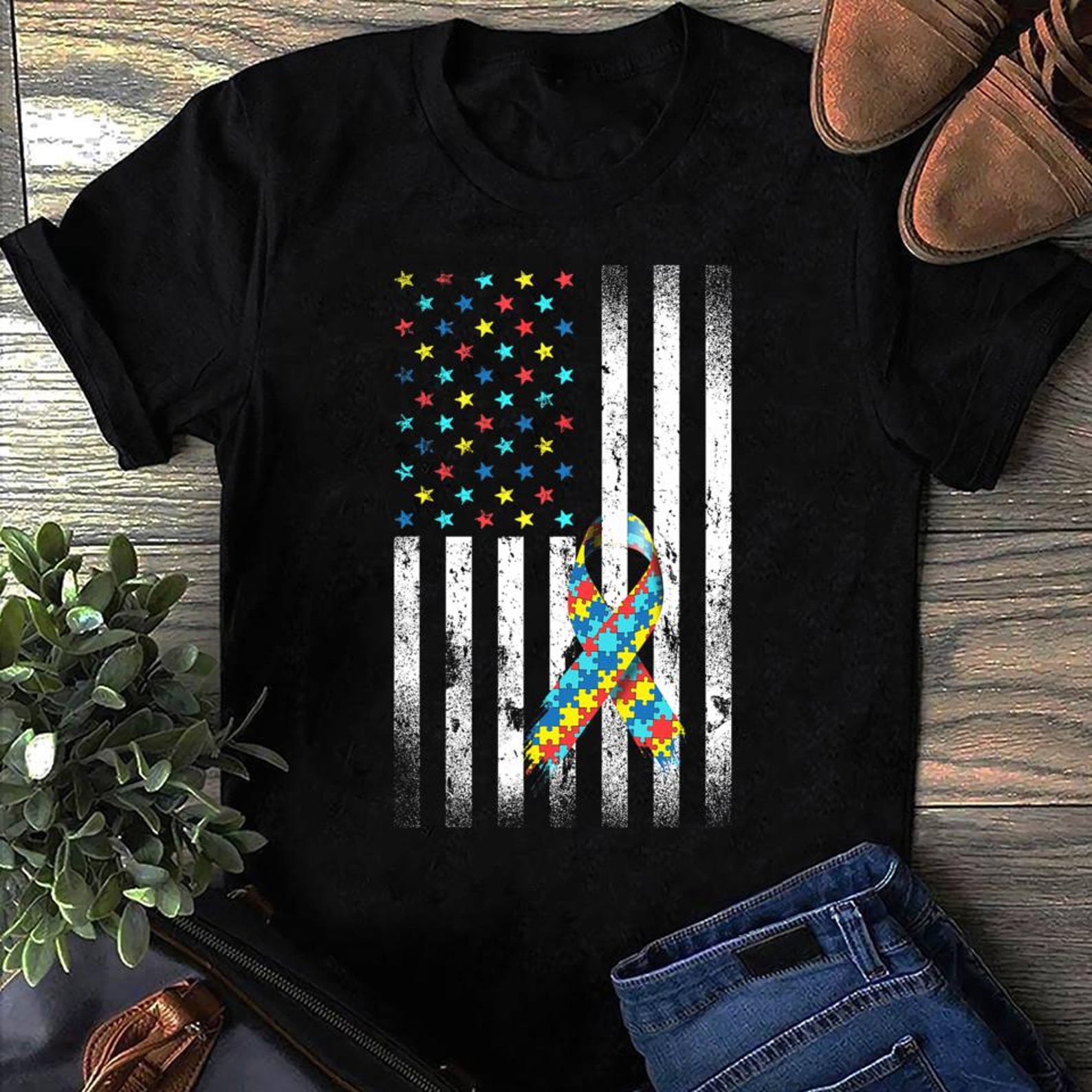Autism Awareness Distressed American Flag Puzzle Ribbon Autism T-Shirt S