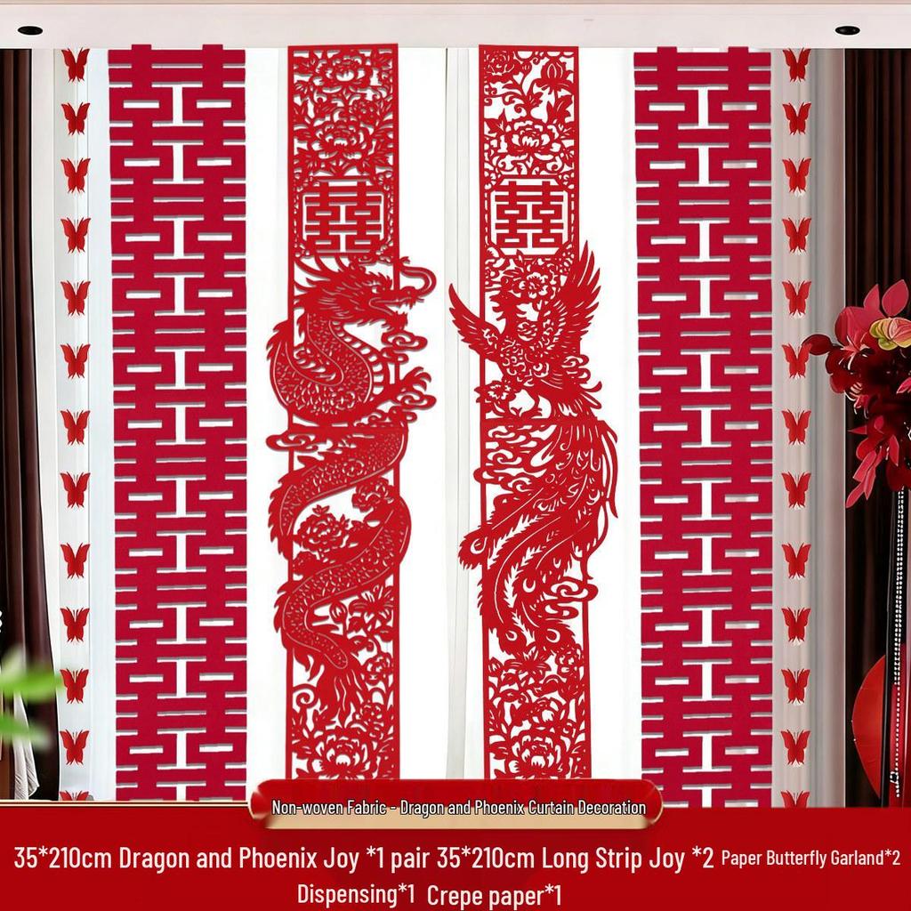 Wedding Room Décor Set: 'Xi' Character Curtains & Banners for Bride & Groom's Rooms