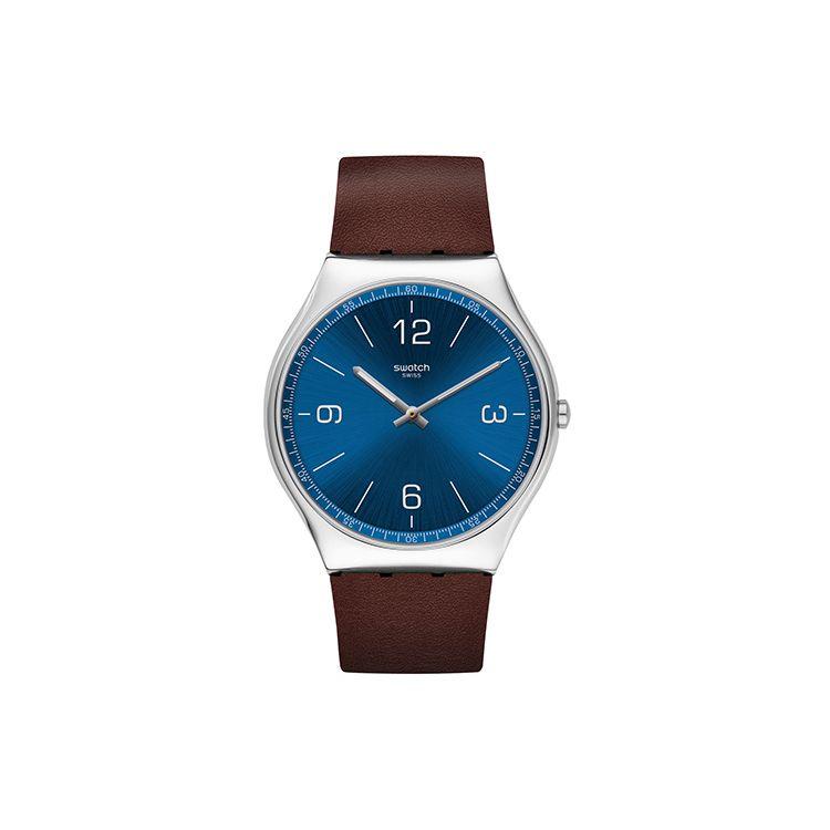 Swatch Skin Series Quartz Watch Brown Leather Strap 42mm Blue Dial Stainless Steel Case Unisex watches Silver SS07S101 Blue
