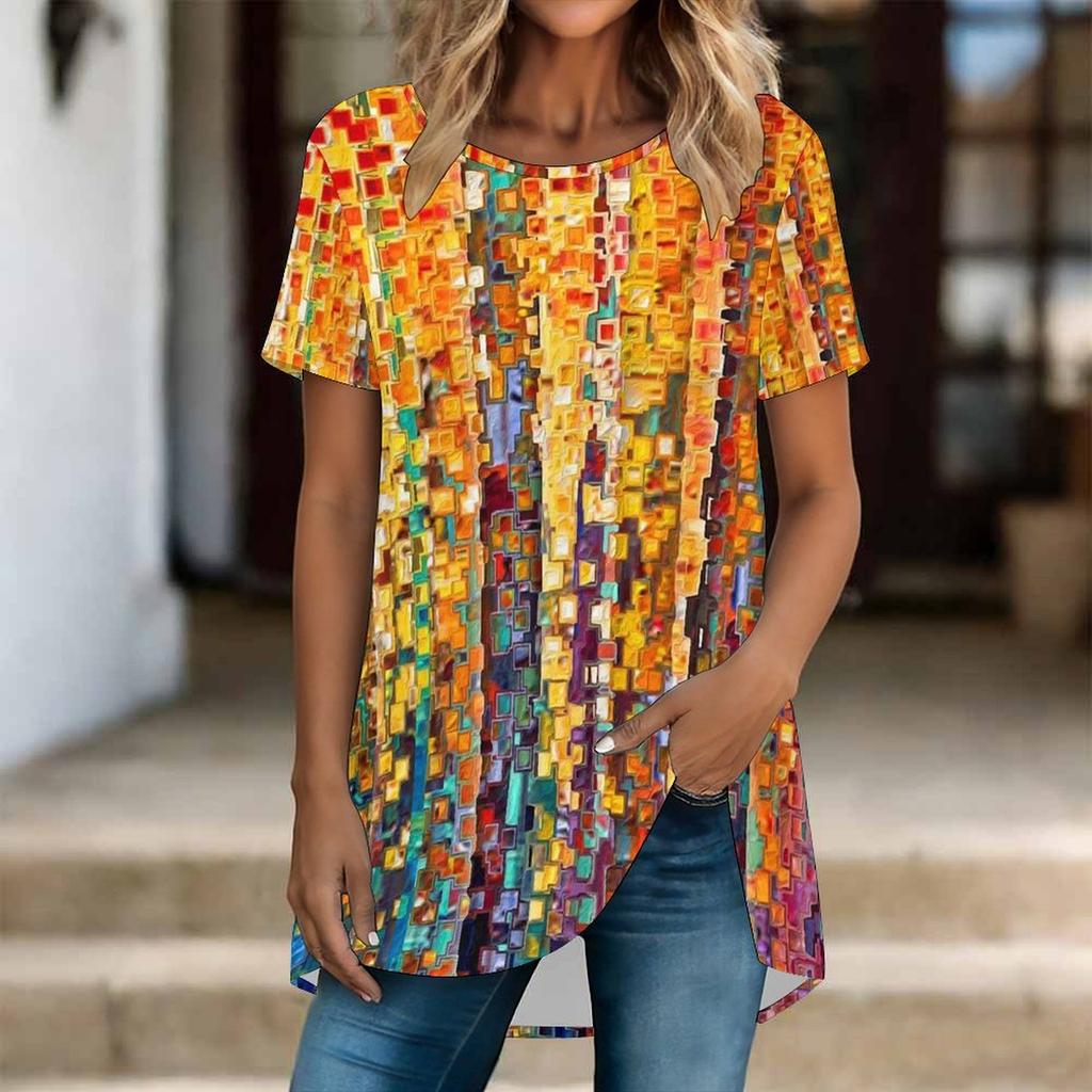 Túnicas Casuales Informales para Mujer con Estampado, Cuello Redondo, Dobladillo Irregular y Manga Corta