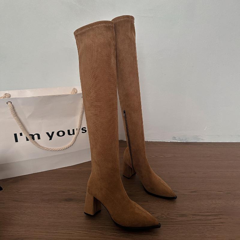 

Winter Fashion Pointed Toe Stretch Slim Women Long Over The Knee Boots Street Style Thick Heels Party Stripper Female Shoes 35 хакі