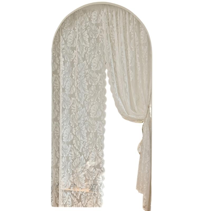 Leaf Embroidered White Sheer Curtains Rod Voile Drapes for Bedroom and Living Room for Privacy Protections Decors