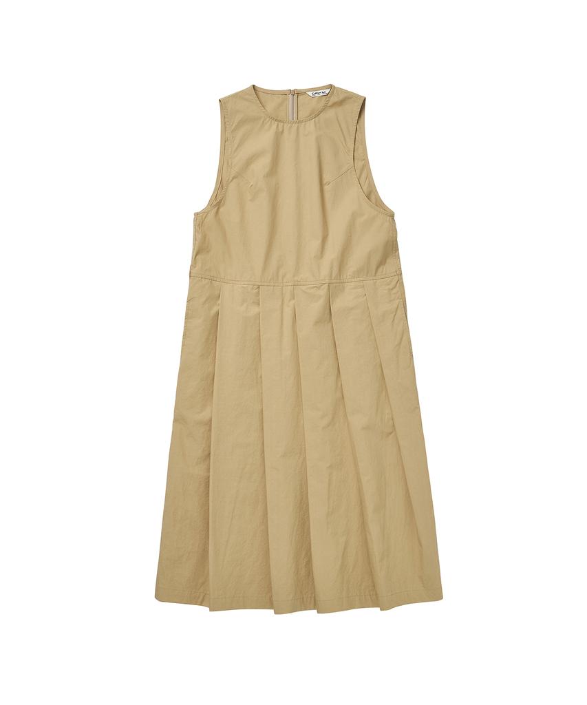 Cotton Bell Pleated Skirt Dress - Beige