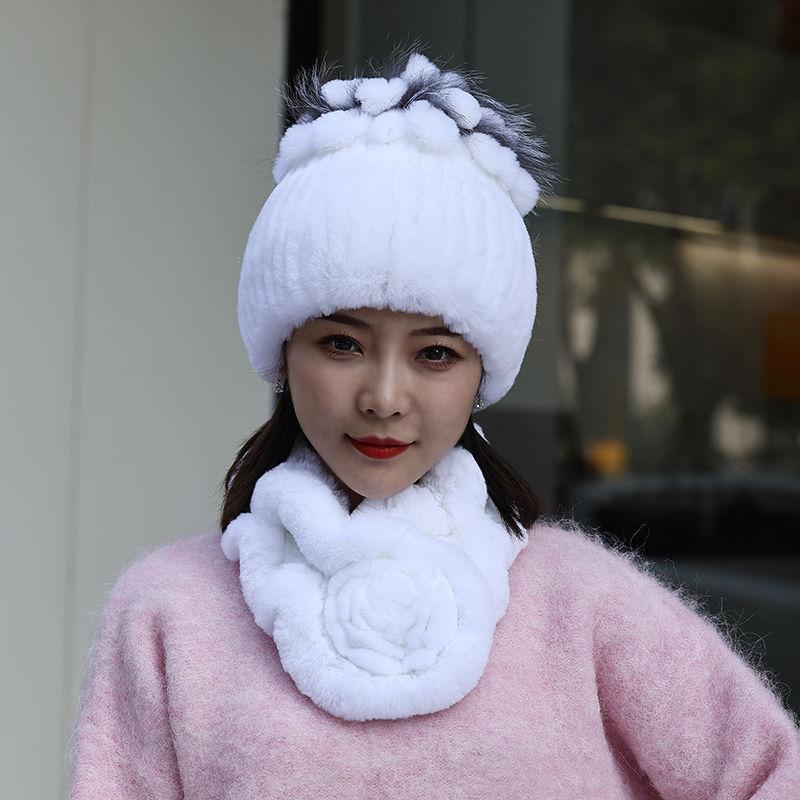 Neue Mode Frauen Winter Echte Rex Kaninchen Pelzmütze Schal Natürliche Weiche Rex Kaninchen Pelz Kappe Schals Sets Für Dame Im Freien warm halten