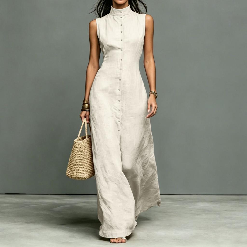 Vestido Maxi sin Mangas con Cuello Alto y Cierre de Botones de una Sola Fila de Longitud Larga Casual de Verano para Mujer