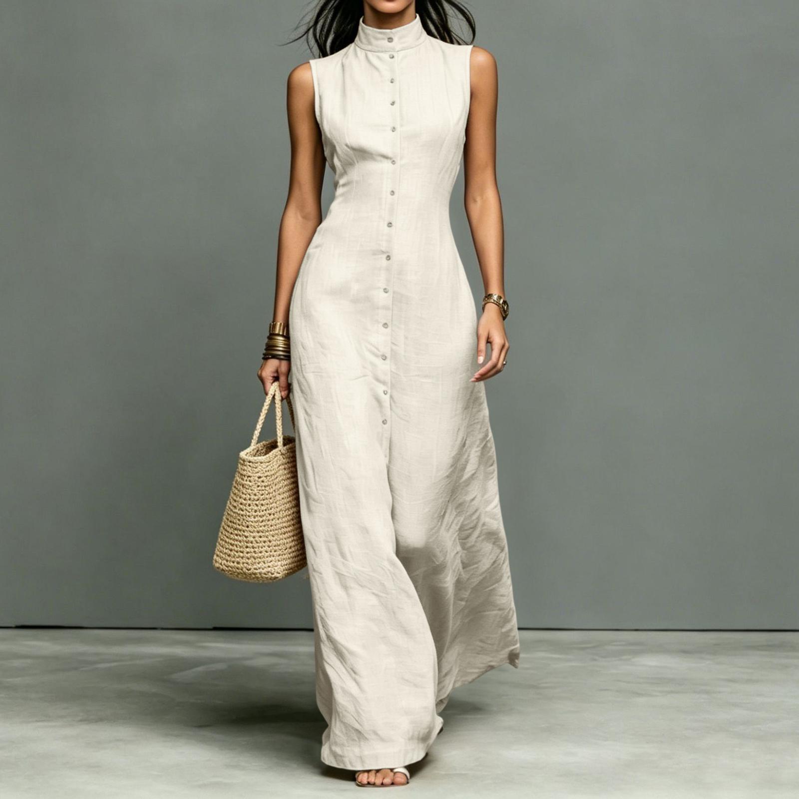 Sleeveless Maxi Dress with Stand Collar and Single Row Button Closure Long Length Casual Summer Dress for Women XL