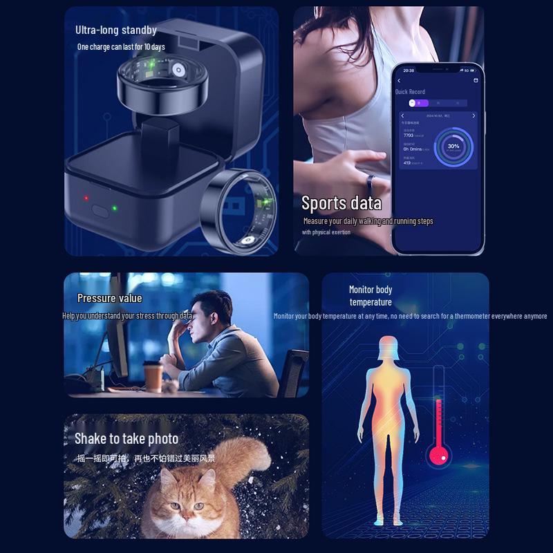 Smart Black Ring: Heart Rate, Blood Oxygen, Sleep Tracker, Bluetooth, Waterproof, Unisex, Touch Interface