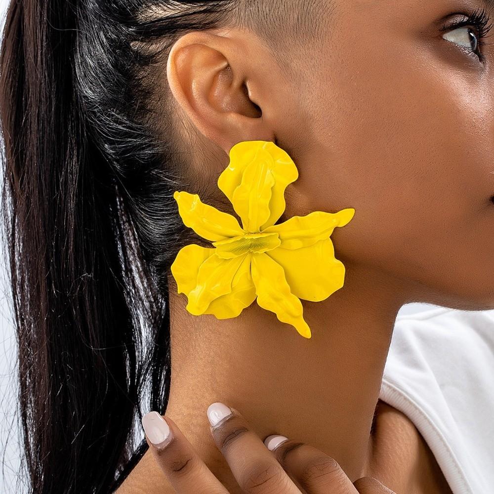 Boucles d'Oreilles Exagérées Fleurs Peintes Accessoires d'Oreille Plissés Grandes Boucles d'Oreilles Fête