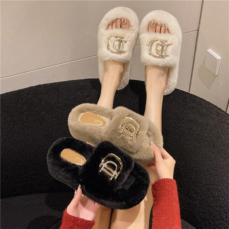 Wear Versatile Warm Winter Slippers Women Outer Velvet Cotton Winter Slippers Thick Bottom Word with Velvet Slippers Women