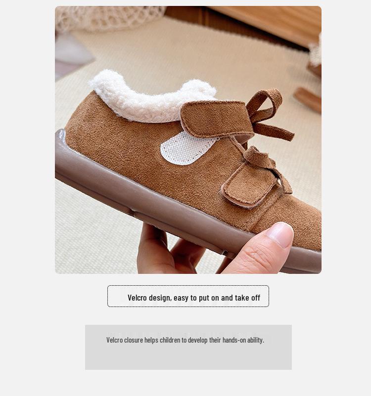 Korean Style Double Bow Furry Winter Shoes for Girls, Ages 1-6, Plus Velvet Cotton.