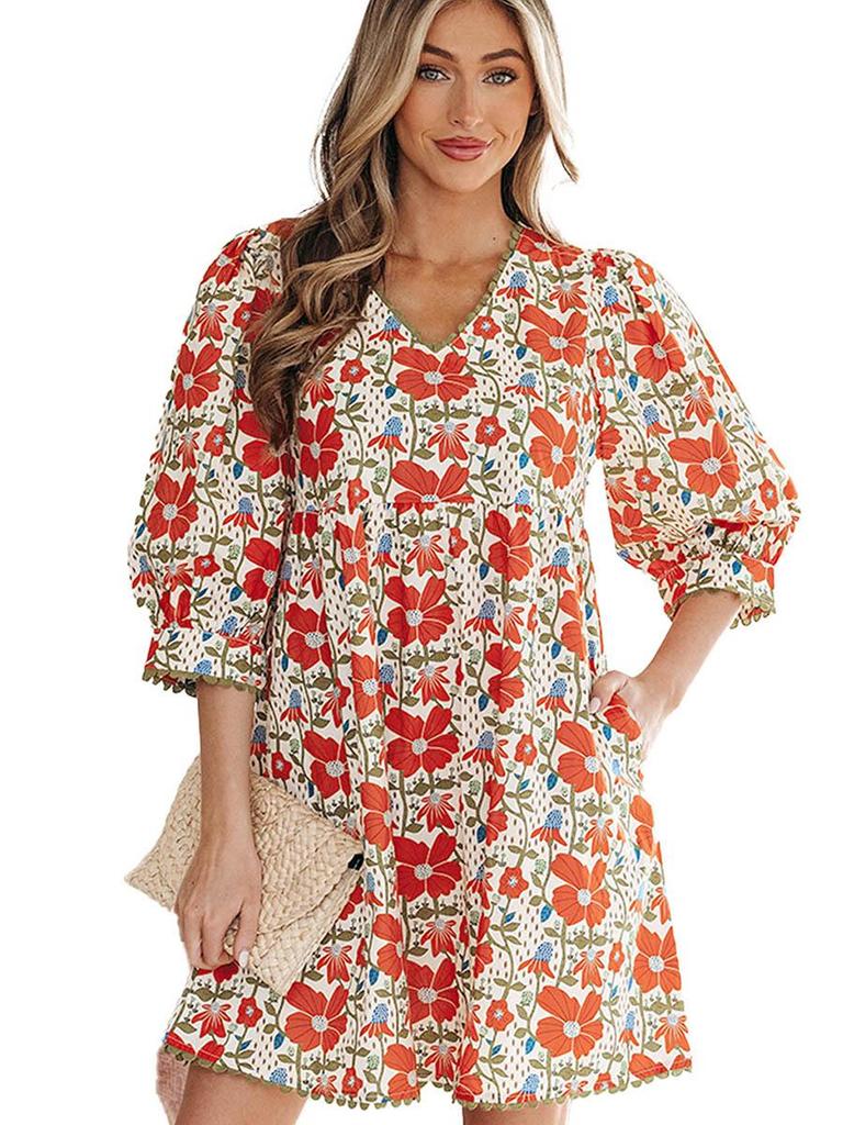 2026 Summer V-Neck Floral Print Dress: Versatile European and American Fashion Loose Cover-up Short Skirt for Women
