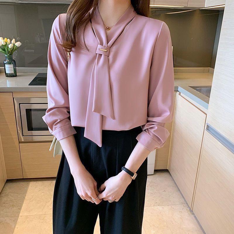 2025 Spring Korean Style White Chiffon Blouse with Bowknot - Women's Long Sleeve Professional Top