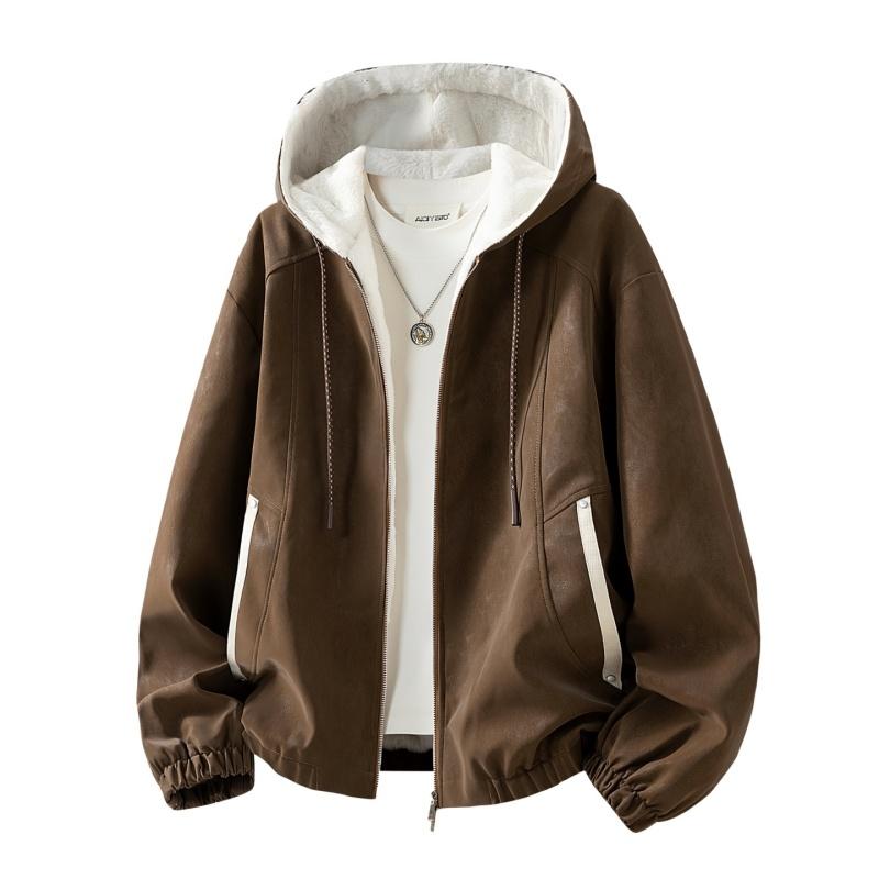Men's Fleece Jacket Fleece Thickened Jacket Hooded Warm Leather Jacket Leather Texture