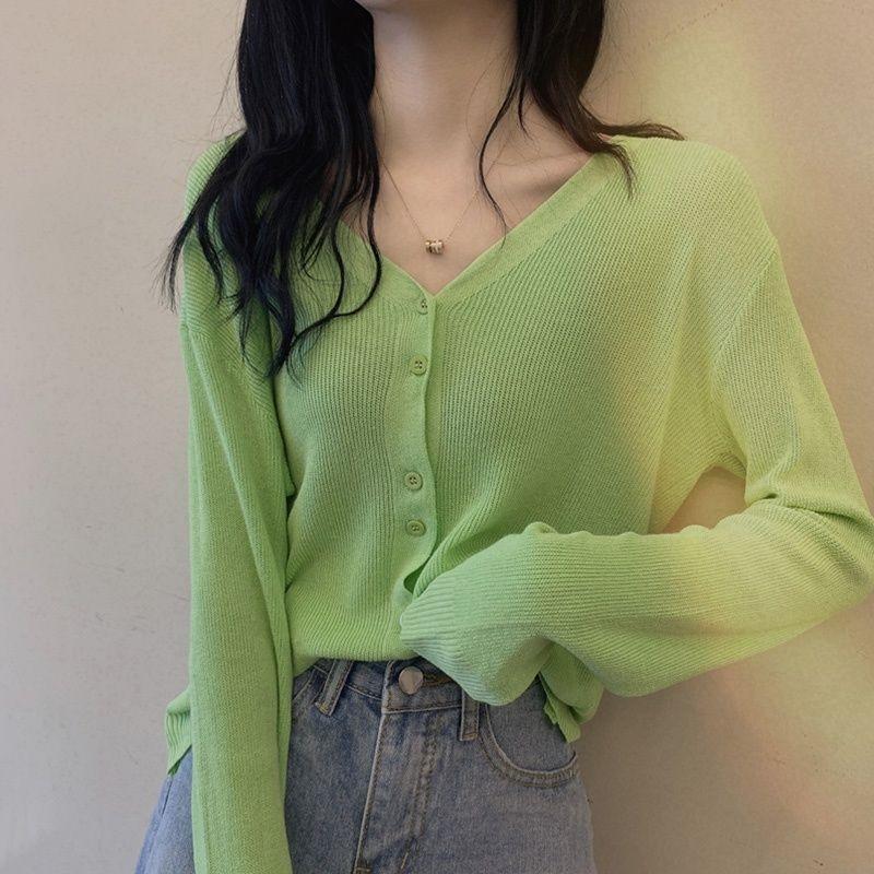 lime green v-neck button-front lightweight knit cardigan for women S зелёный