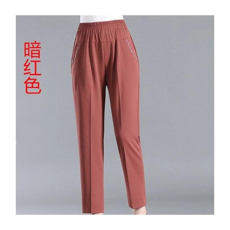 

Брюки для пожилых женщин среднего возраста, летние тонкие девятиточечные брюки для мамы, прямые свободные брюки бабушки, повседневные 5XL бордовый