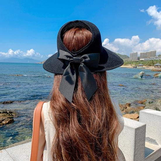 Women Sun Visor Hat with Bow Decor Wide Brim Empty Top Design Adjustable Floppy Hat Outdoor UV Protection Foldable Hat