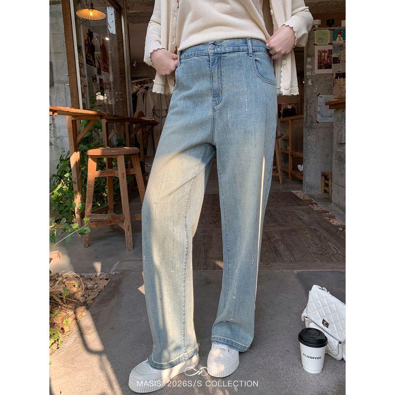Maxixi Plus-Size Women s Washed Vintage Rhinestone Straight-Leg Jeans Spring Loose Fit Slimming Versatile Pants Distressed Blue (Batch 2) XL