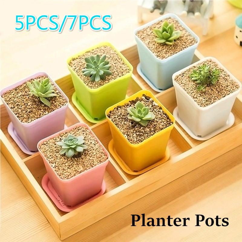 Home Office Garden Decor Nursery Pot Small Pots 5PCS/7PCS  Plastic Square Flower Planter Pots Tray